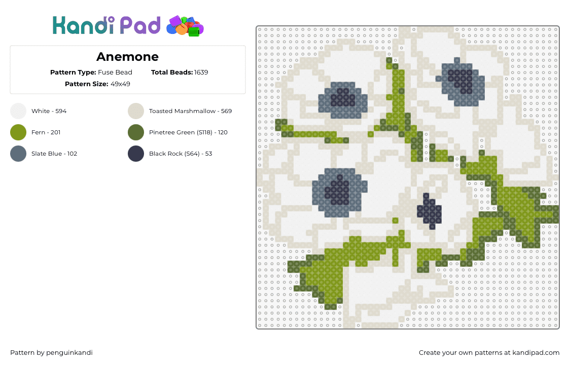 Anemone - Fuse Bead Pattern by penguinkandi on Kandi Pad - anemone,flower,bouquet,plant,white,green,gray