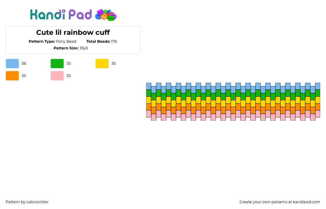 Cute lil rainbow cuff - Pony Bead Pattern by calicocritter on Kandi Pad - pastel,rainbow,cuff,yellow,orange,light blue