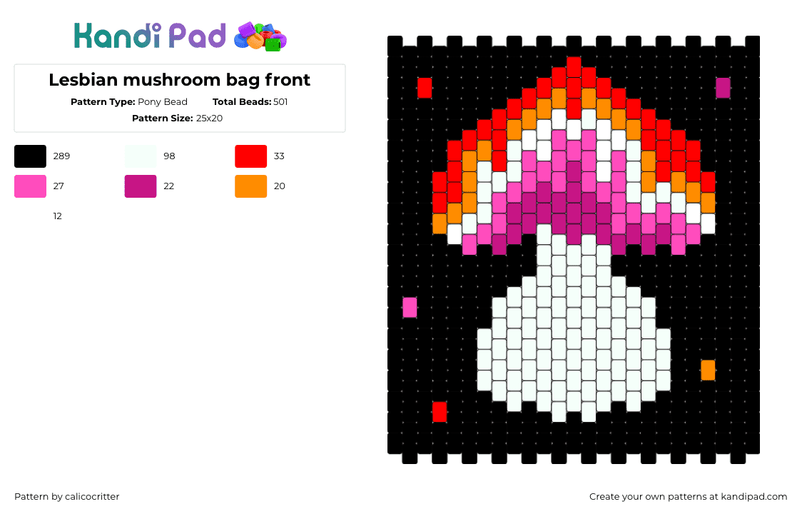 Lesbian mushroom bag front - Pony Bead Pattern by calicocritter on Kandi Pad - lesbian,mushroom,pride,panel,bag,black,white,pink,orange