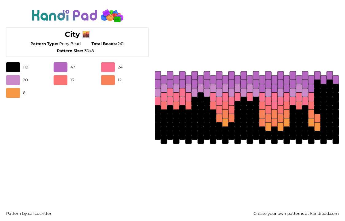 City 🌆 - Pony Bead Pattern by calicocritter on Kandi Pad - city,skyline,silhouette,sunset,pastel,cuff,black,purple,pink