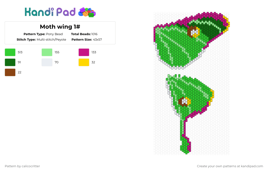 Moth wing 1# - Pony Bead Pattern by calicocritter on Kandi Pad - green