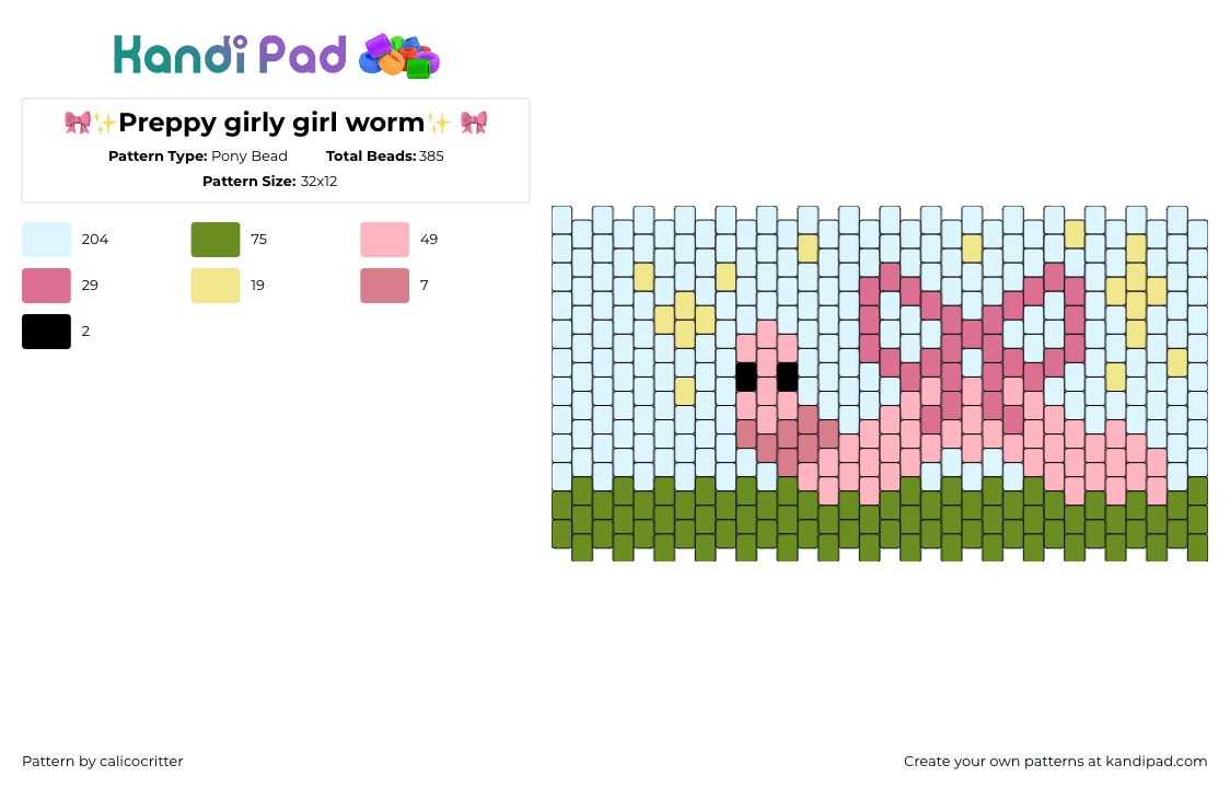 🎀✨Preppy girly girl worm✨ 🎀 - Pony Bead Pattern by calicocritter on Kandi Pad - worm,bow,landscape,preppy,cute,cuff,light blue,green,pink