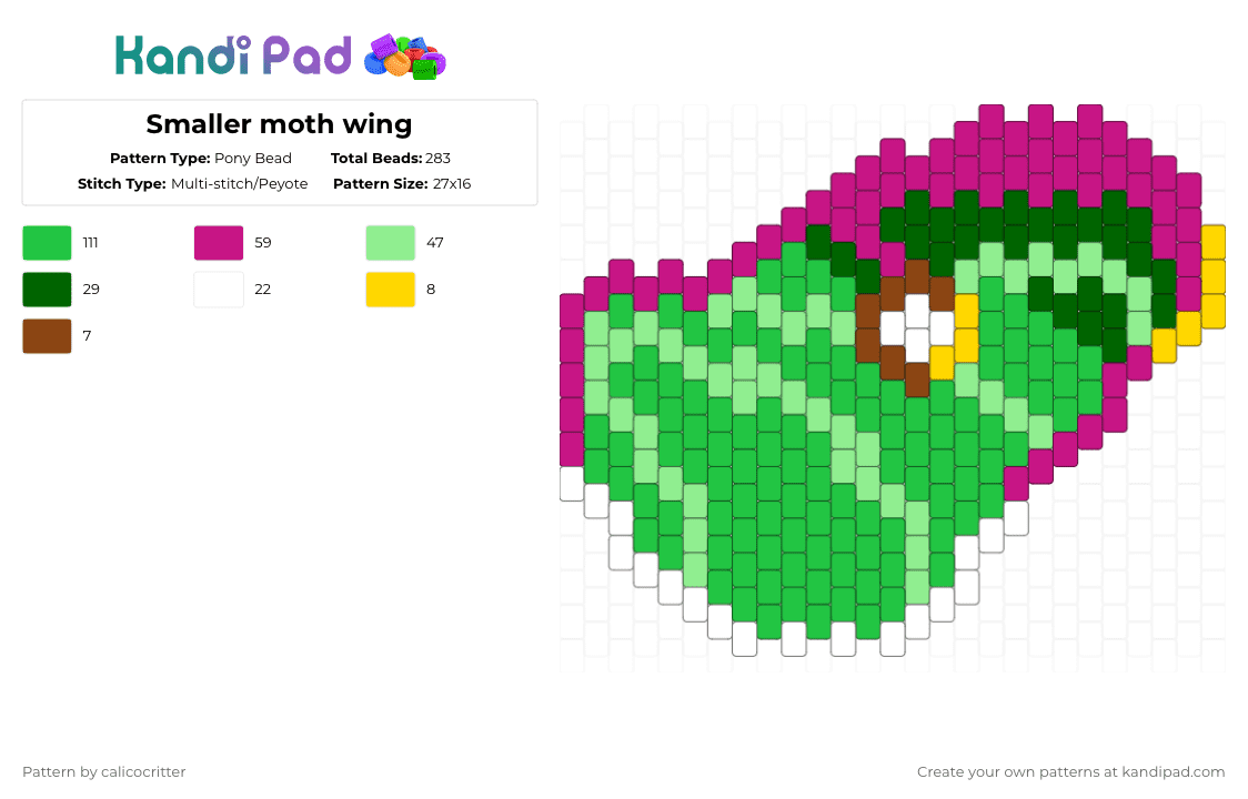 Smaller moth wing - Pony Bead Pattern by calicocritter on Kandi Pad - pink,green
