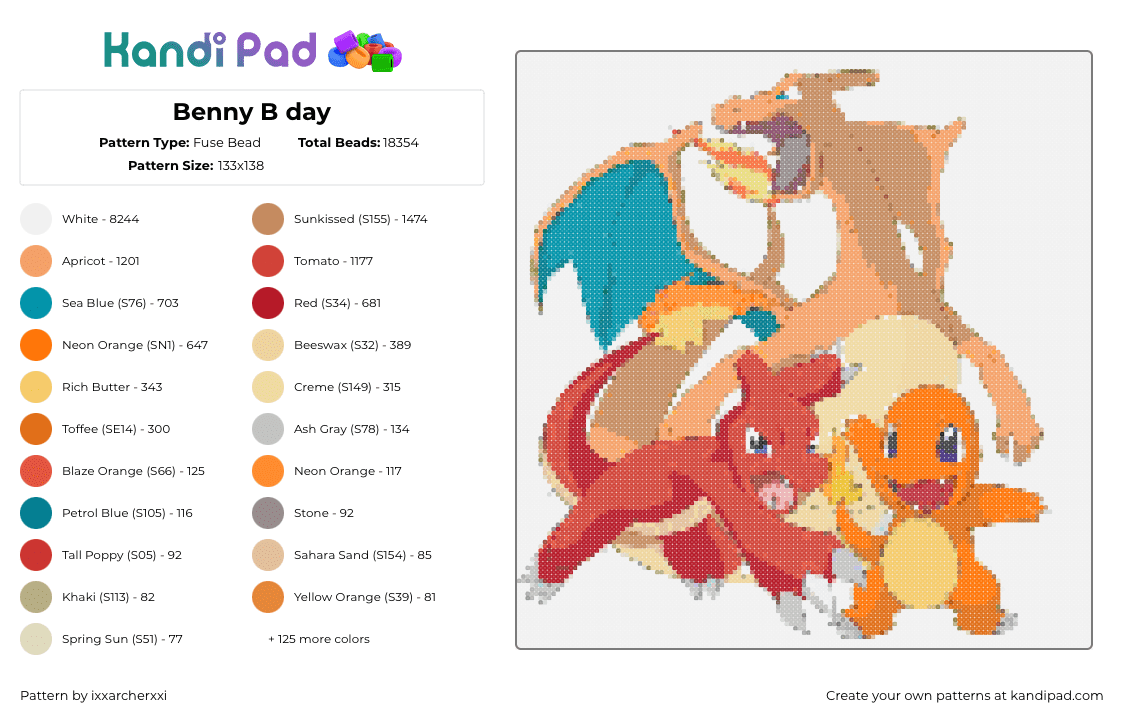 Benny B day - Fuse Bead Pattern by ixxarcherxxi on Kandi Pad - charmander,charizard,charmeleon,pokemon,characters,evolution,gaming,fiery,dragon,orange,red,teal