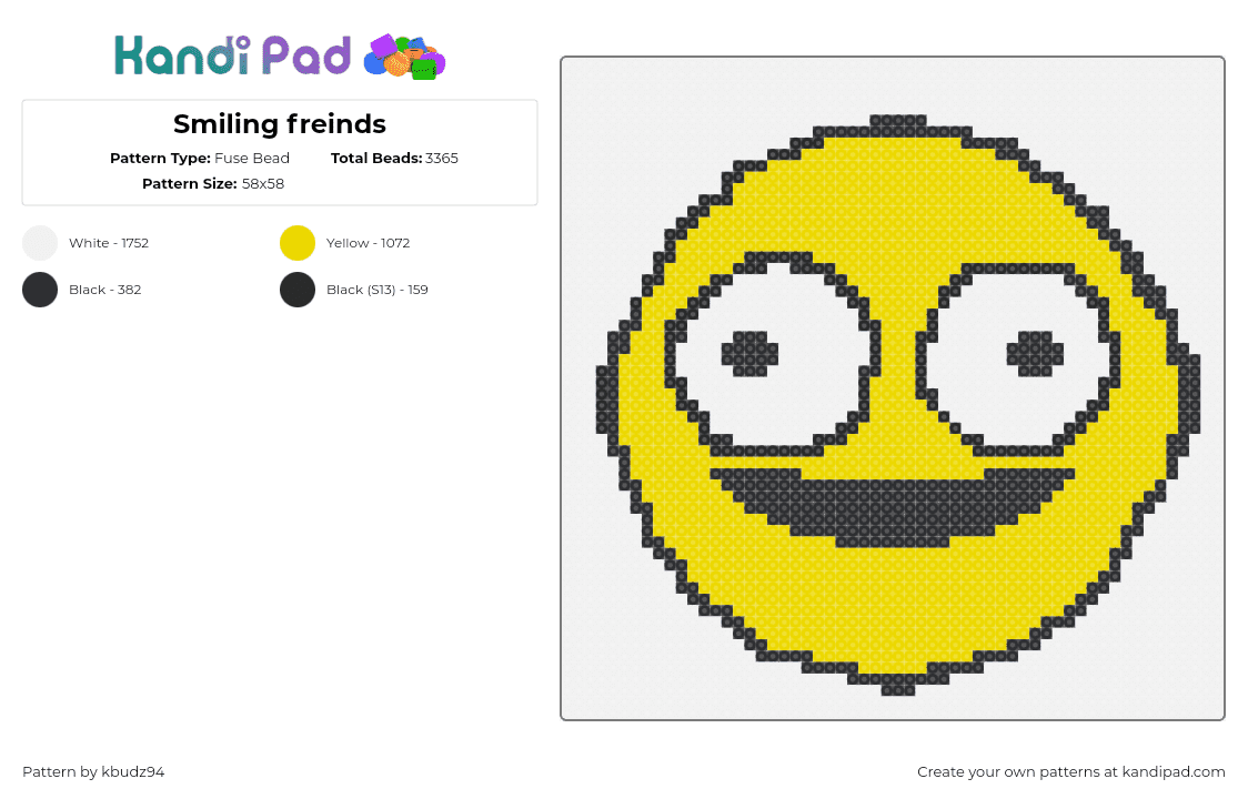 Smiling freinds - Fuse Bead Pattern by kbudz94 on Kandi Pad - smiling friends,face,logo,eyes,tv show,cartoon,smiley,yellow,white