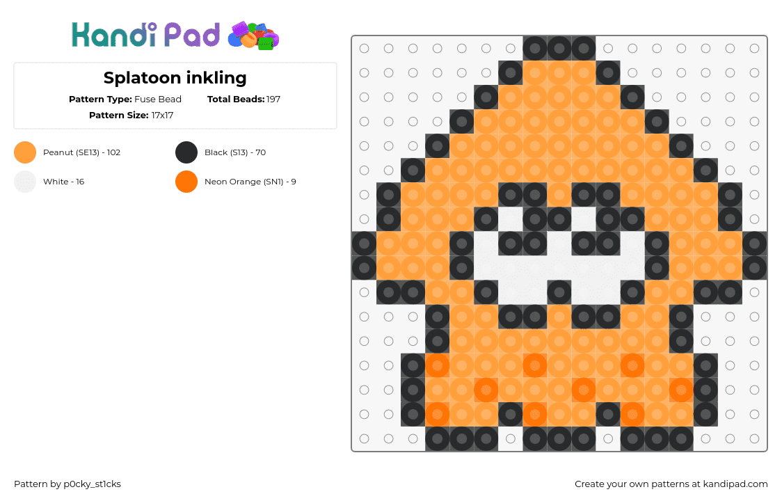 Splatoon inkling - Fuse Bead Pattern by p0cky_st1cks on Kandi Pad - inkling,splatoon,character,video game,squid,cute,orange