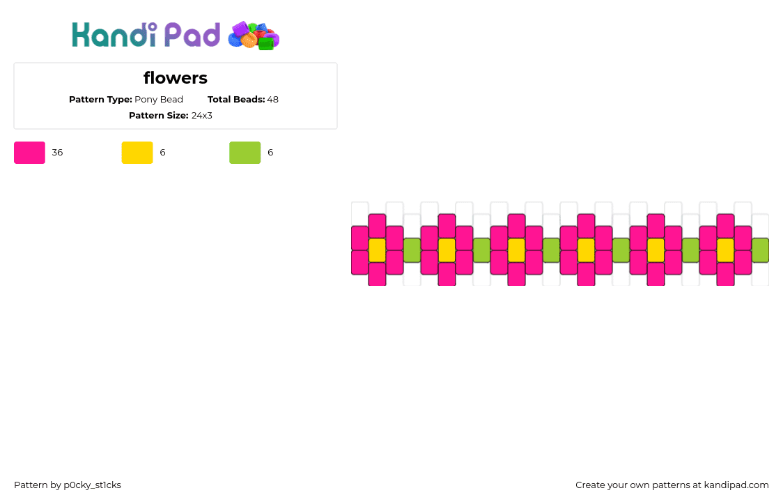 flowers - Pony Bead Pattern by p0cky_st1cks on Kandi Pad - flowers,spring,bracelet,cuff,pink,green