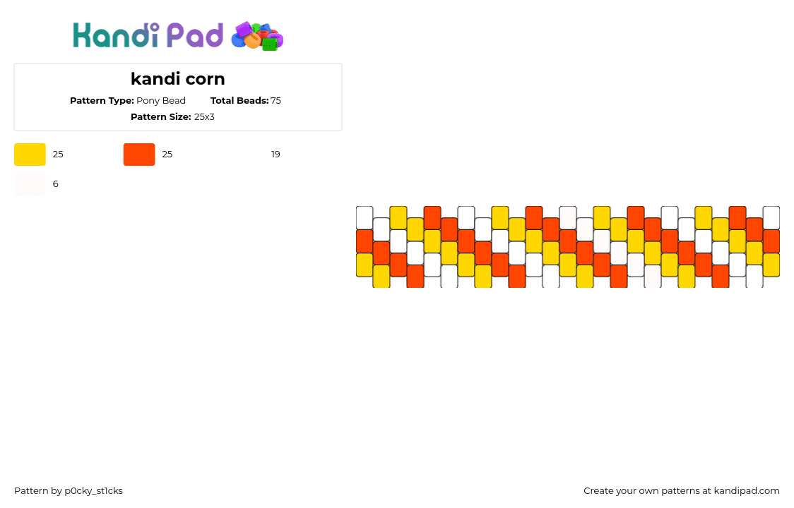 kandi corn - Pony Bead Pattern by p0cky_st1cks on Kandi Pad - candy corn,diagonal,stripes,halloween,festive,cuff,orange,yellow,white