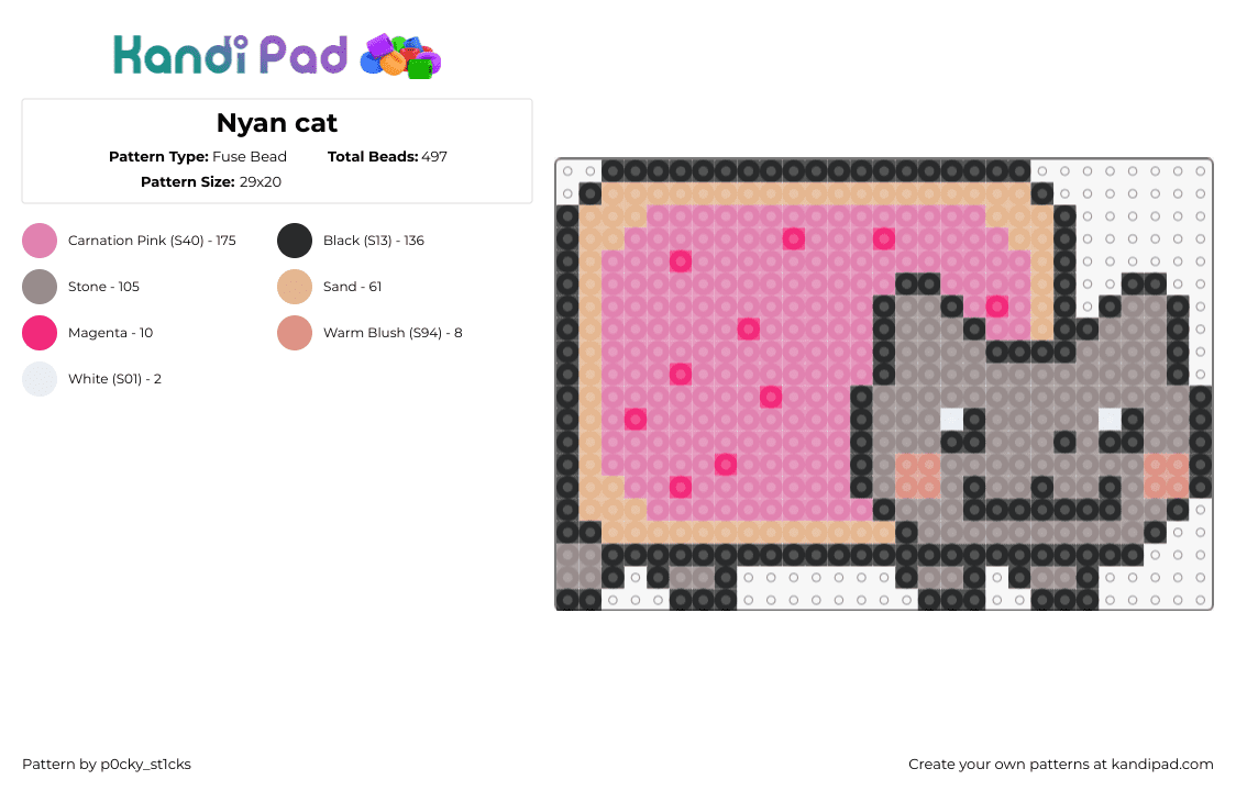 Nyan cat - Fuse Bead Pattern by p0cky_st1cks on Kandi Pad - nyan cat,poptart,meme,cute,pink,gray,beige