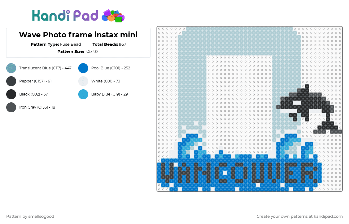 Wave Photo frame instax mini - Fuse Bead Pattern by smellsogood on Kandi Pad - teal,blue,waves,ocean,orca,vancouver