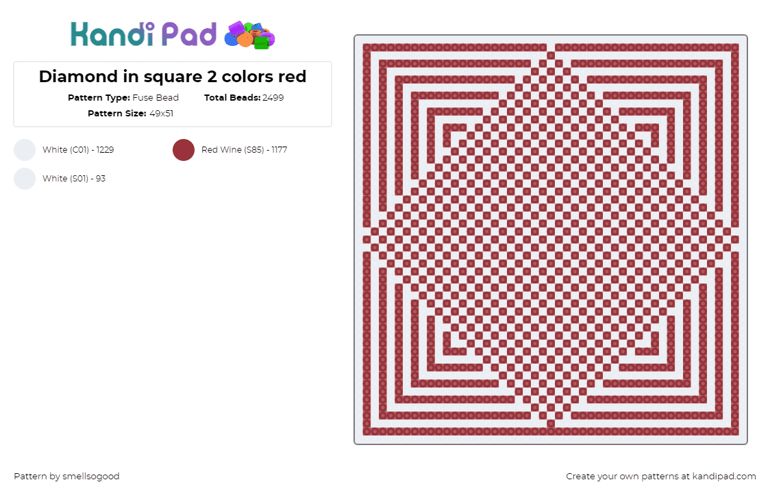 Diamond in square 2 colors red - Fuse Bead Pattern by smellsogood on Kandi Pad - diamond,checkered,geometric,trippy,illusion,grid,red,white