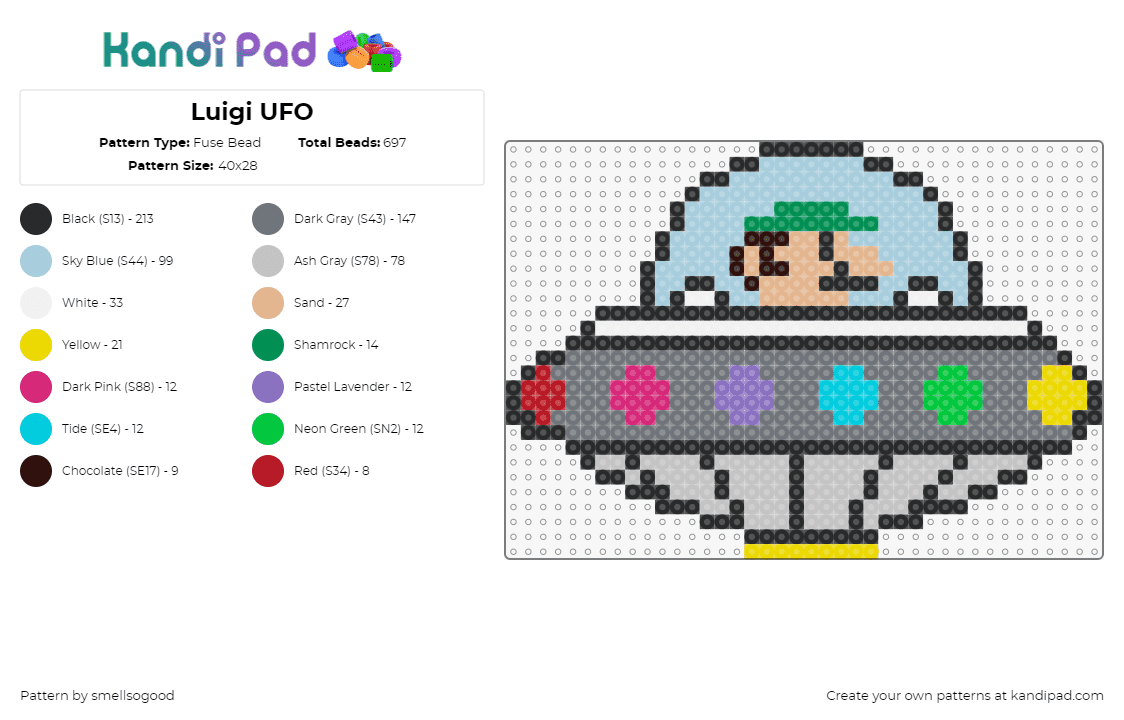 Luigi UFO - Fuse Bead Pattern by smellsogood on Kandi Pad - ufo,luigi,mario,nintendo,spaceship,colorful,gray,green,light blue