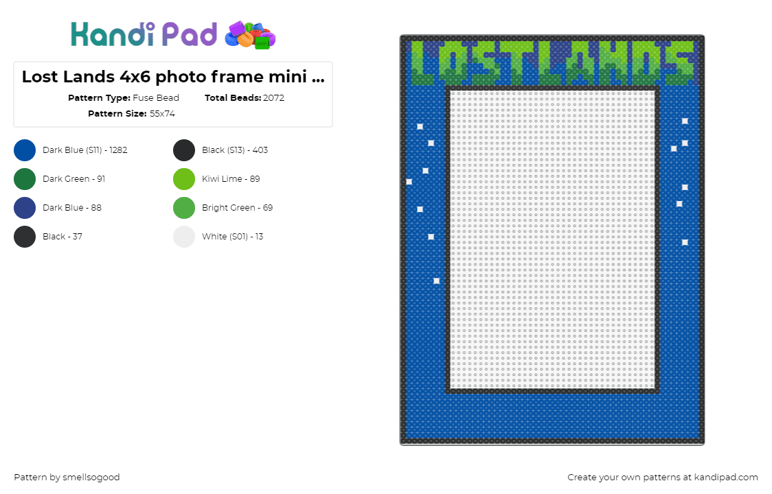 Lost Lands 4x6 photo frame mini bead with stars - Fuse Bead Pattern by smellsogood on Kandi Pad - lost lands,frame,festival,music,edm,dubstep,logo,picture,blue,green