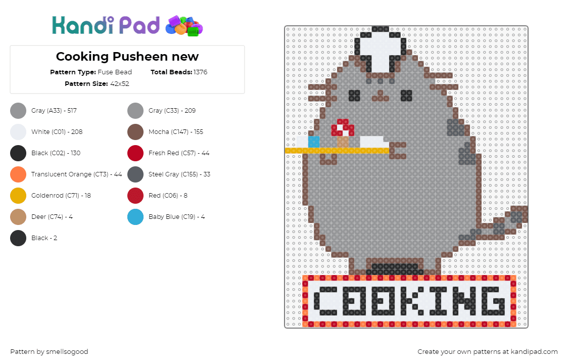 Cooking Pusheen new - Fuse Bead Pattern by smellsogood on Kandi Pad - pusheen,cooking,chef,cat,animal,cute,sign,text,hat,food,gray