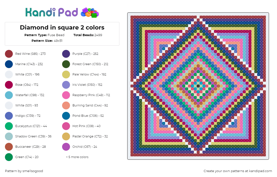 Diamond in square 2 colors - Fuse Bead Pattern by smellsogood on Kandi Pad - diamond,geometric,colorful,panel,tapestry,trippy,pink,teal,yellow