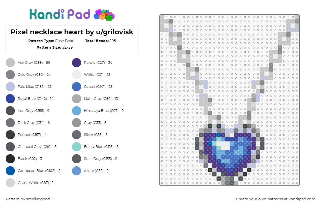 Pixel necklace heart by u/grilovisk - Fuse Bead Pattern by smellsogood on Kandi Pad - heart of the ocean,titanic,necklace,jewelry,gray,blue