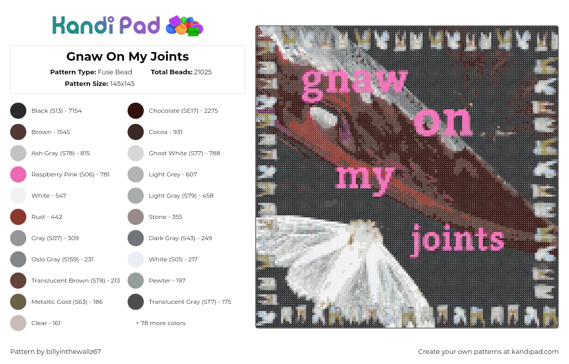 Gnaw On My Joints - Fuse Bead Pattern by billyinthewallz67 on Kandi Pad - text,moth,teeth,pink