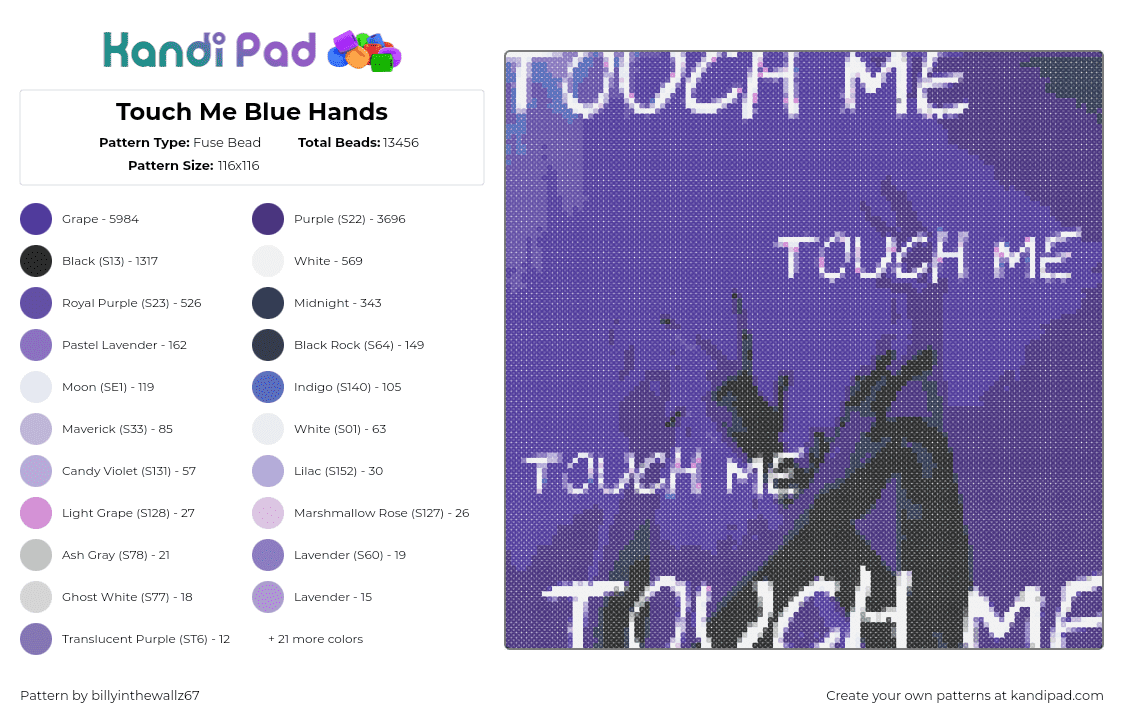 Touch Me Blue Hands - Fuse Bead Pattern by billyinthewallz67 on Kandi Pad - text,panel,purple,white