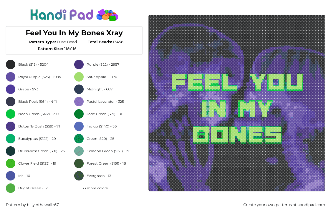 Feel You In My Bones Xray - Fuse Bead Pattern by billyinthewallz67 on Kandi Pad - text,neon,x-ray,skeleton,panel,green,purple,black