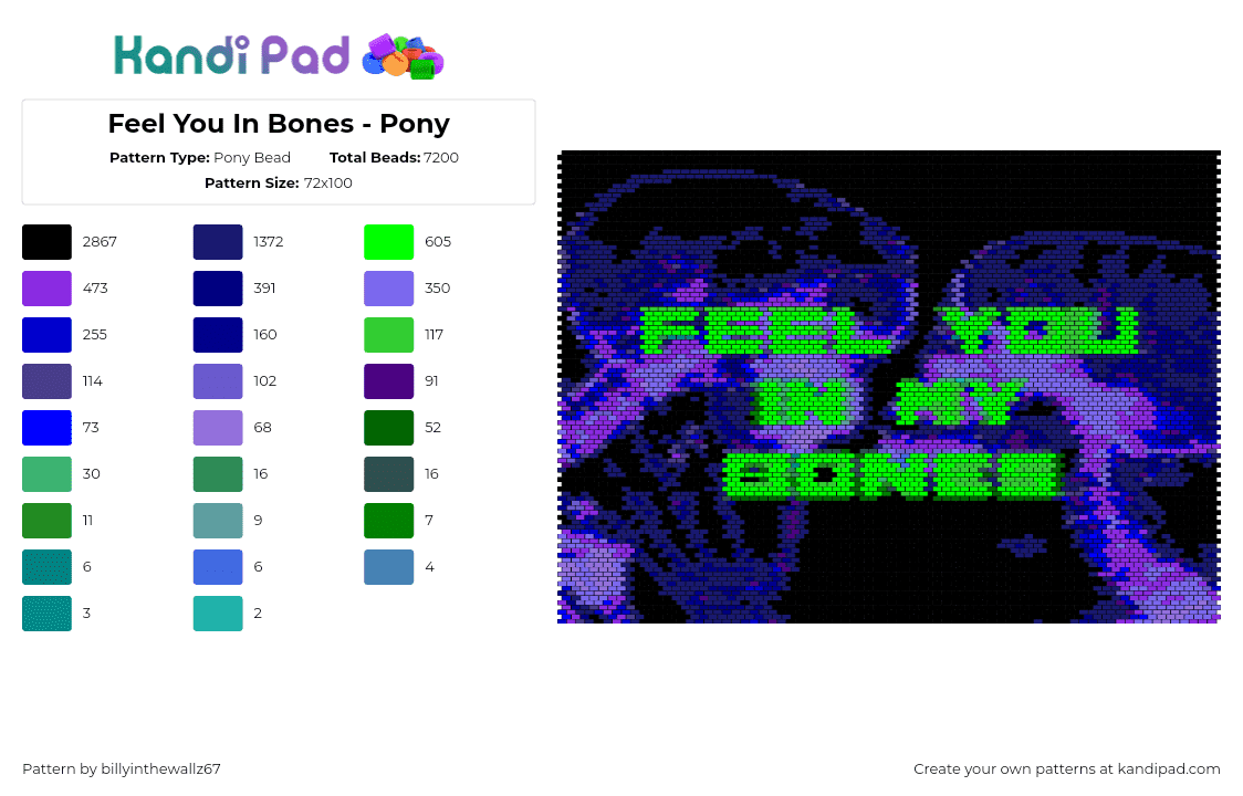 Feel You In Bones - Pony - Pony Bead Pattern by billyinthewallz67 on Kandi Pad - text,neon,x-ray,skeleton,panel,green,purple,black