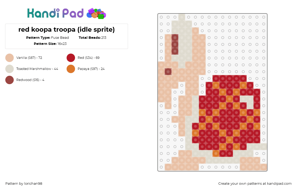 red koopa troopa (idle sprite) - Fuse Bead Pattern by lorichan98 on Kandi Pad - koopa troopa,mario,nintendo,turtle,classic,nostalgia,video game,retro,red,tan