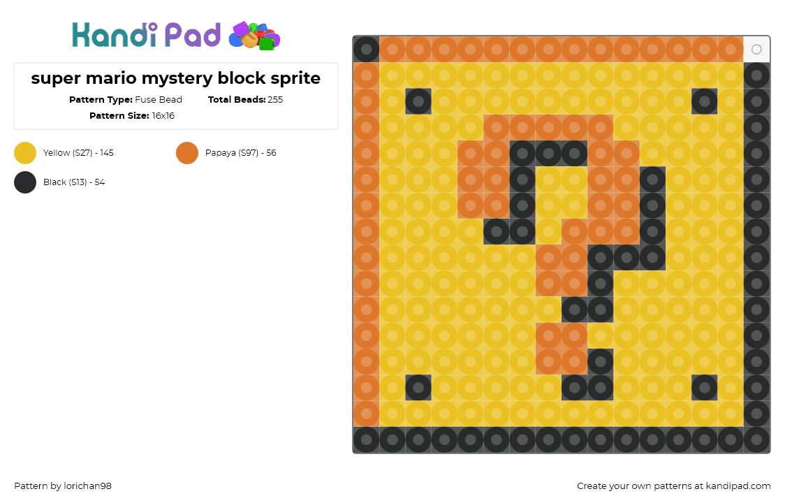 super mario mystery block sprite - Fuse Bead Pattern by lorichan98 on Kandi Pad - question,mario,block,nintendo,video game,coin,box,gold,yellow,orange