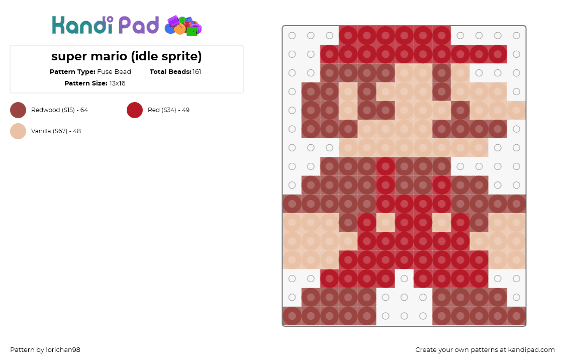 super mario (idle sprite) - Fuse Bead Pattern by lorichan98 on Kandi Pad - mario,nintendo,8 bit,classic,nostalgia,video game,character,retro,red