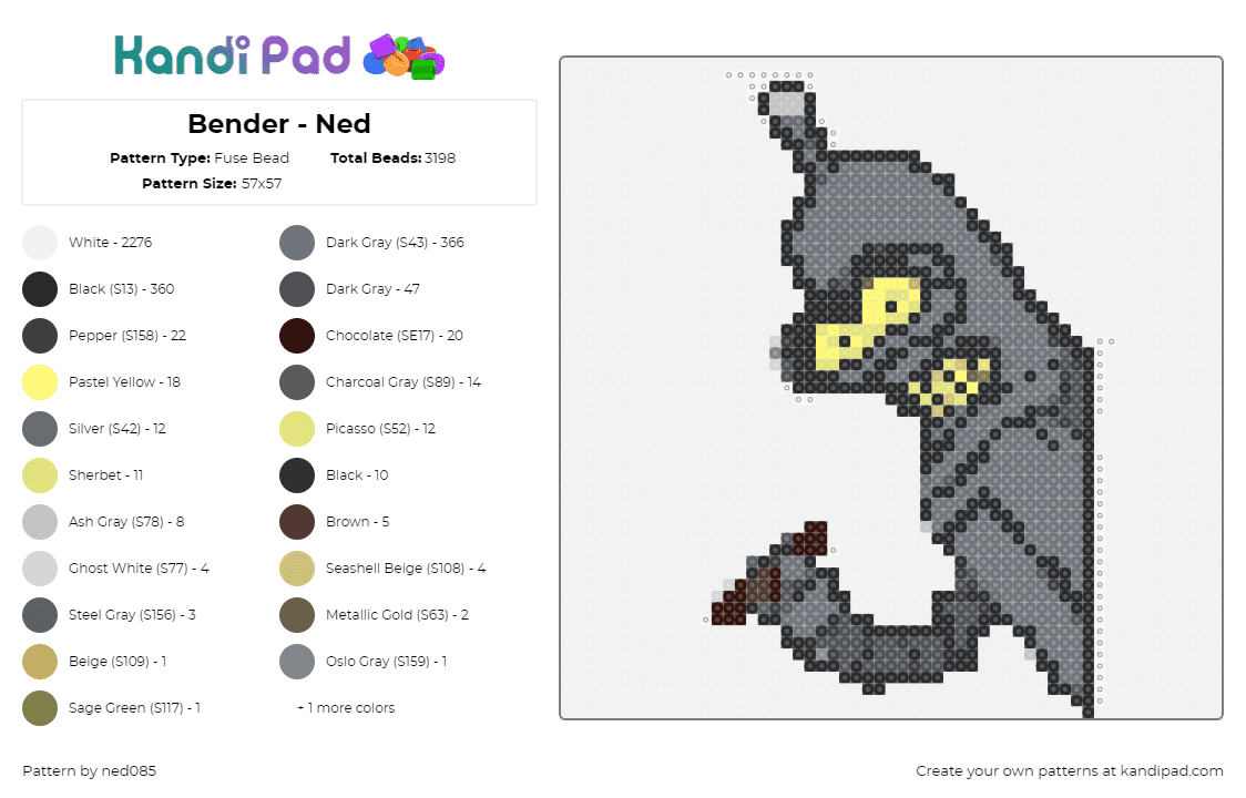 Bender - Ned - Fuse Bead Pattern by ned085 on Kandi Pad - bender,futurama,robot,cigar,character,animation,cartoon,tv show,gray