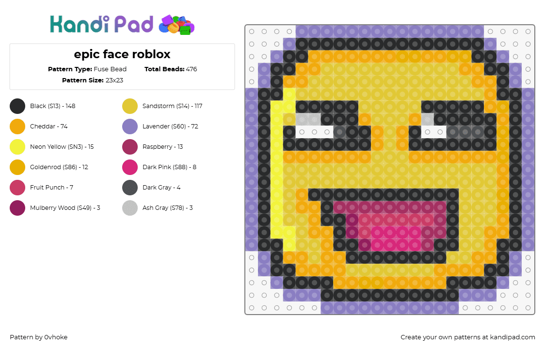 epic face roblox - Fuse Bead Pattern by 0vhoke on Kandi Pad - smiley,roblox,face,video game,emoji,yellow,pink,purple