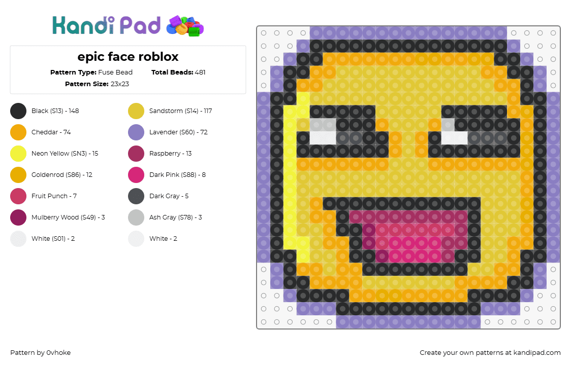 epic face roblox - Fuse Bead Pattern by 0vhoke on Kandi Pad - epic,smiley,roblox,face,video game,emoji,yellow,pink,purple