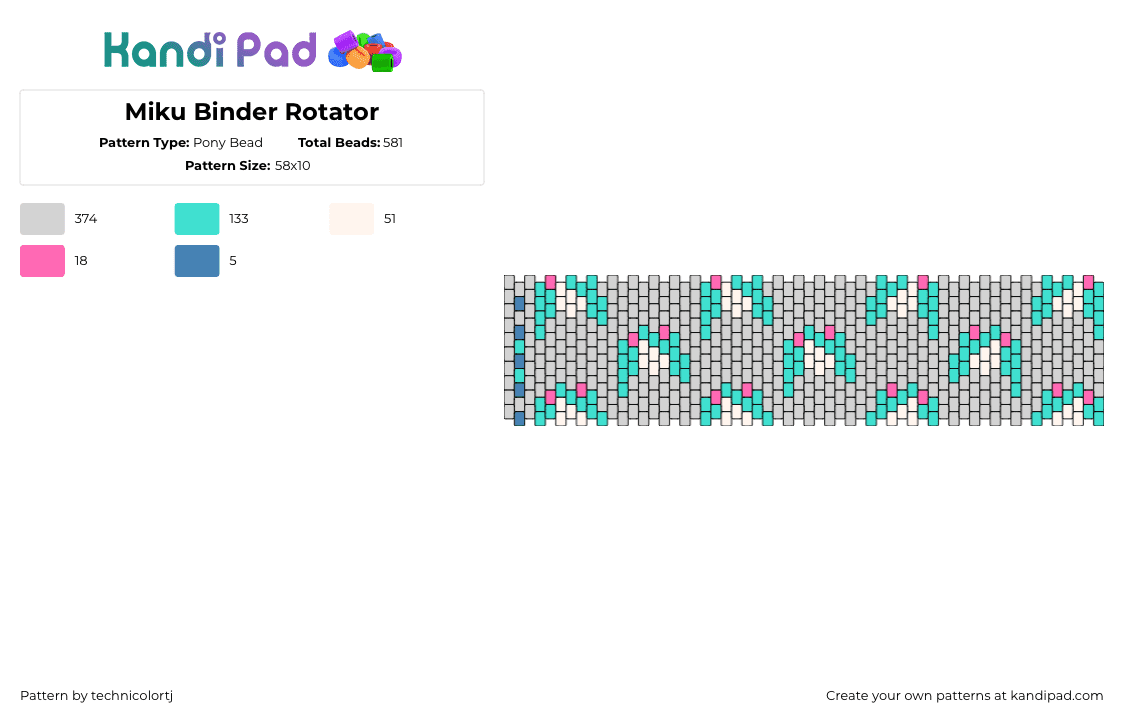 Miku Binder Rotator - Pony Bead Pattern by technicolortj on Kandi Pad - hatsune miku,vocaloid,repeating,panel,gray,teal