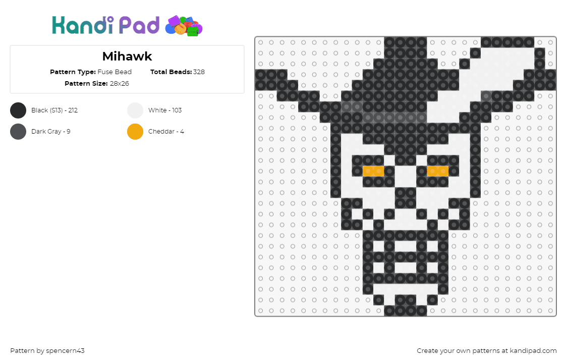 Mihawk - Fuse Bead Pattern by spencern43 on Kandi Pad - dracule mihawk,one piece,anime,character,head,skeleton,hat,tv show,white,black