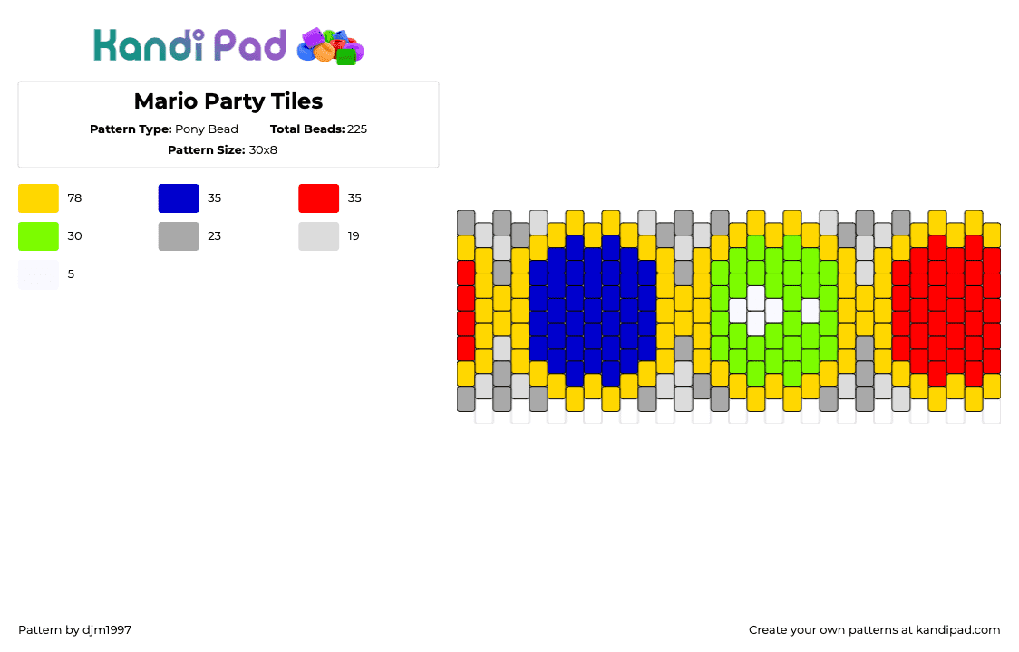 Mario Party Tiles - Pony Bead Pattern by djm1997 on Kandi Pad - mario party,nintendo,video game,cuff,colorful,blue,green,red,yellow