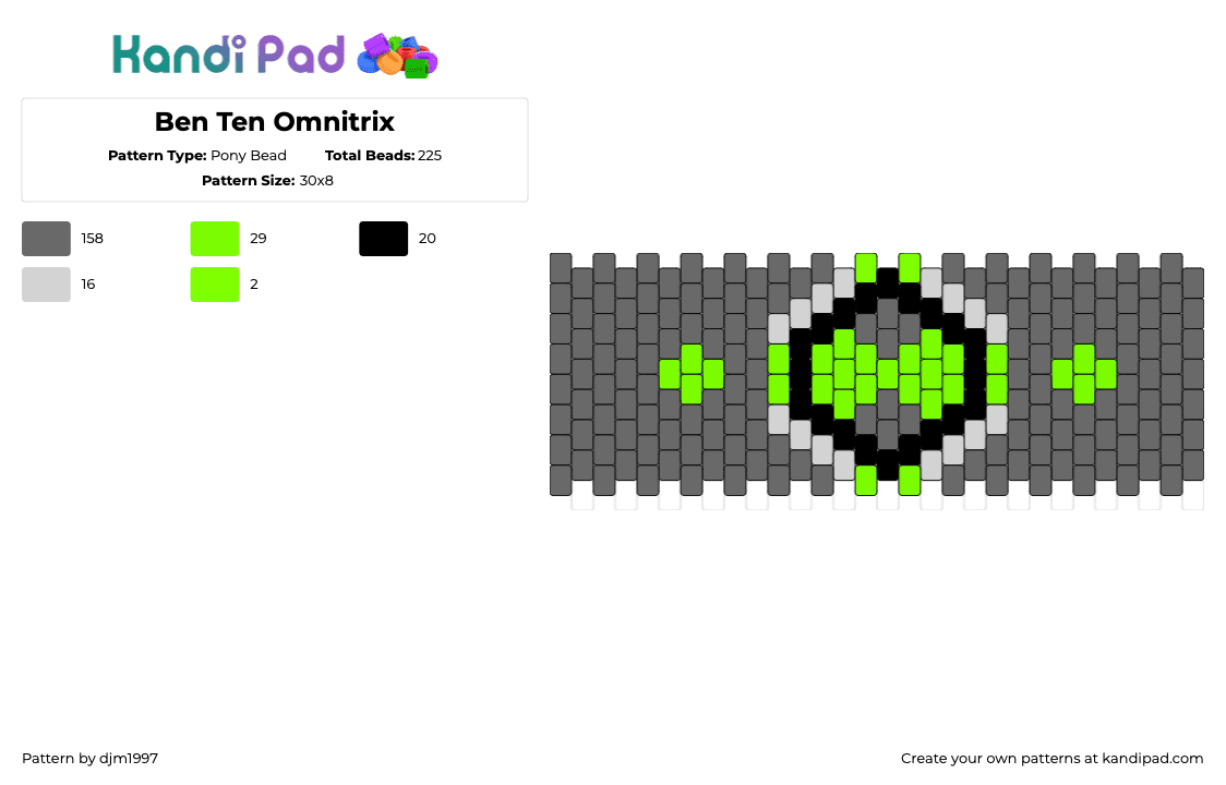 Ben Ten Omnitrix - Pony Bead Pattern by djm1997 on Kandi Pad - omnitrix,ben 10,tv show,cartoon,cuff,green,gray