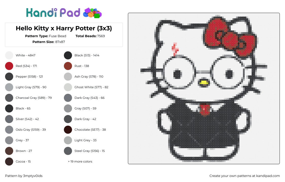 Hello Kitty x Harry Potter (3x3) - Fuse Bead Pattern by 3mptyv0ids on Kandi Pad - hello kitty,harry potter,costume,mashup,sanrio,black,white,red