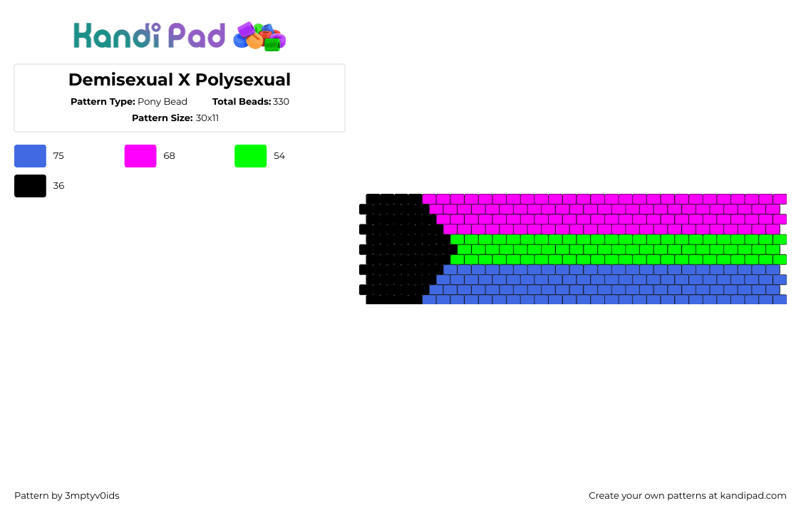 Demisexual X Polysexual - Pony Bead Pattern by 3mptyv0ids on Kandi Pad - demisexual,polysexual,pride,flag,cuff,black,pink,blue,green