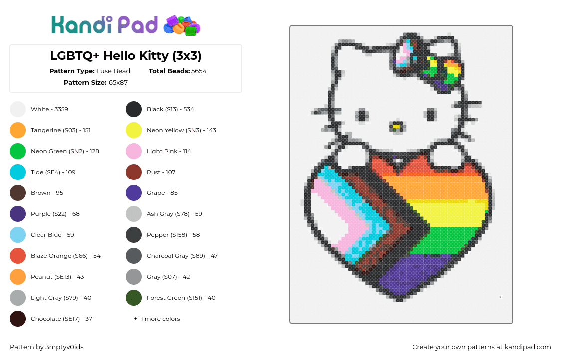 LGBTQ+ Hello Kitty (3x3) - Fuse Bead Pattern by 3mptyv0ids on Kandi Pad - hello kitty,pride,sanrio,heart,colorful,progress,white,yellow,light blue