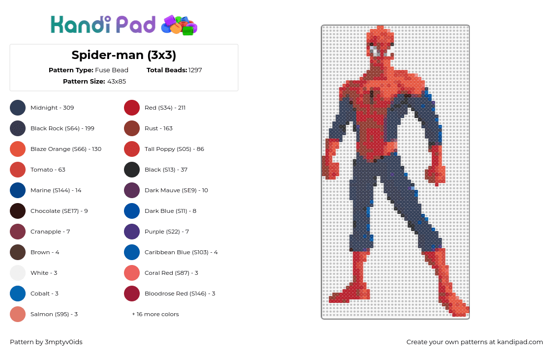 Spider-man (3x3) - Fuse Bead Pattern by 3mptyv0ids on Kandi Pad - spiderman,superhero,marvel,character,comic,costume,red,blue