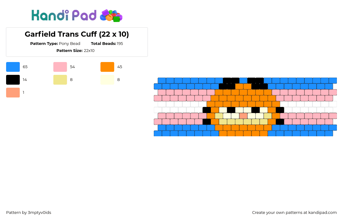 Garfield Trans Cuff (22 x 10) - Pony Bead Pattern by 3mptyv0ids on Kandi Pad - garfuield,trans,pride,cat,cartoon,comic,character,cuff,orange,pink,blue