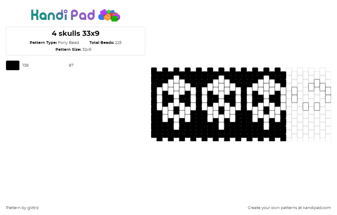 4 skulls 33x9 - Pony Bead Pattern by glittrz on Kandi Pad - skulls,repeating,spooky,cuff,halloween,black,white