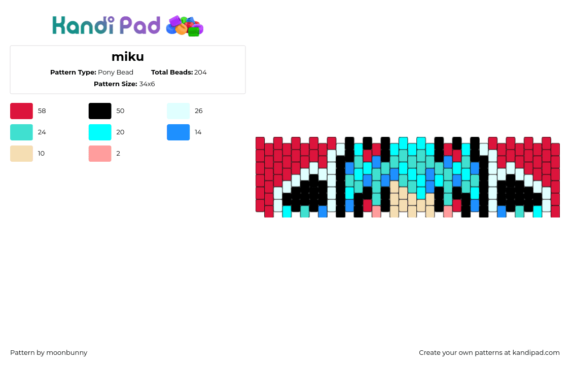 miku - Pony Bead Pattern by moonbunny on Kandi Pad - hatsune miku,vocaloid,music,cuff,teal,red