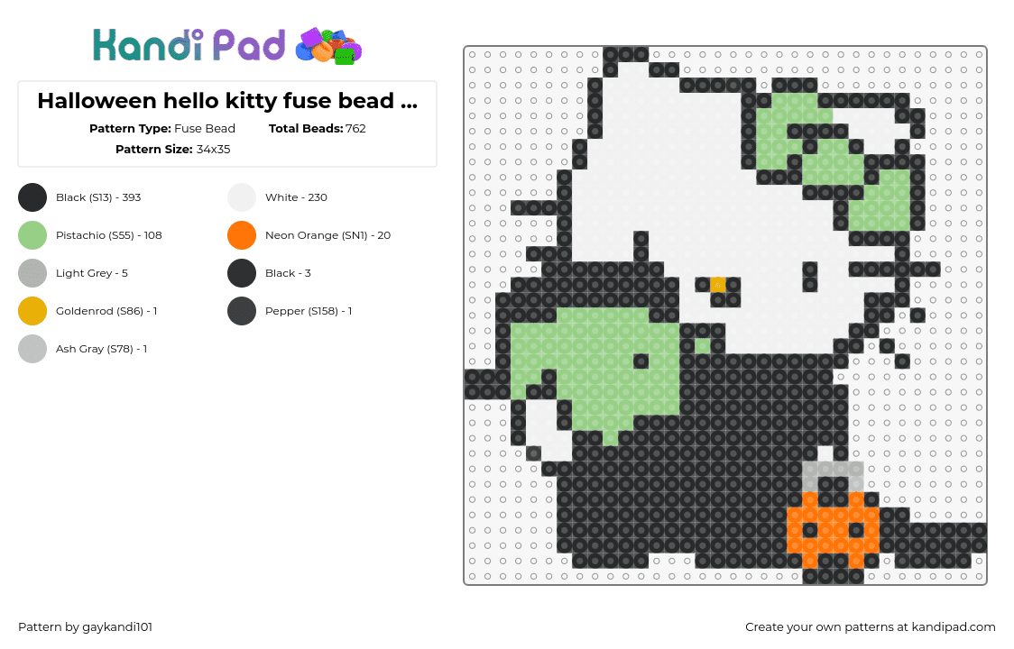 Halloween hello kitty fuse bead pattern - Fuse Bead Pattern by gaykandi101 on Kandi Pad - hello kitty,halloween,costume,sanrio,spooky,black,green,white