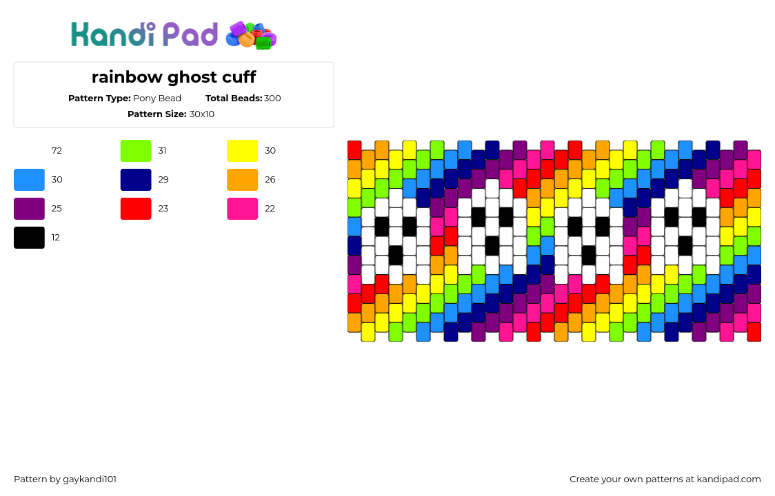 rainbow ghost cuff - Pony Bead Pattern by gaykandi101 on Kandi Pad - ghosts,rainbow,diagonal,stripes,spooky,halloween,cuff,colorful,white,pink,yellow