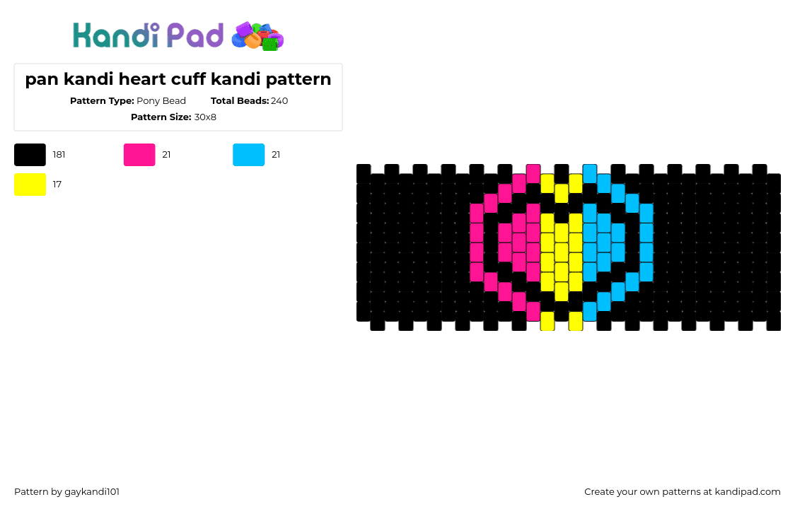 pan kandi heart cuff kandi pattern - Pony Bead Pattern by gaykandi101 on Kandi Pad - pansexual,heart,pride,cuff,dark,neon,colorful,black,pink,yellow,blue