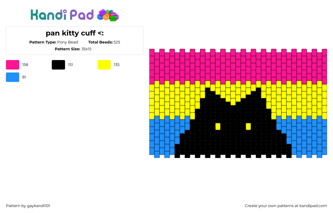 pan kitty cuff <: - Pony Bead Pattern by gaykandi101 on Kandi Pad - pansexual,cat,pride,cuff,silhouette,black,pink,yellow,blue