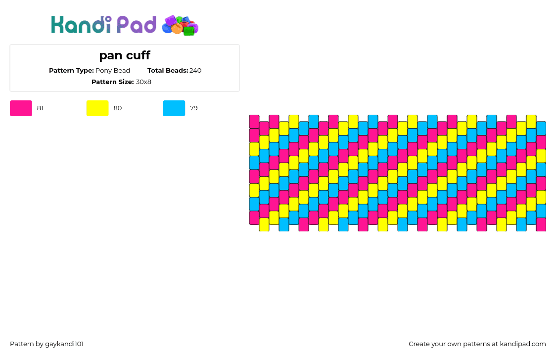 pan cuff - Pony Bead Pattern by gaykandi101 on Kandi Pad - pansexual,pride,diagonal,stripes,colorful,bright,cuff,pink,yellow,light blue