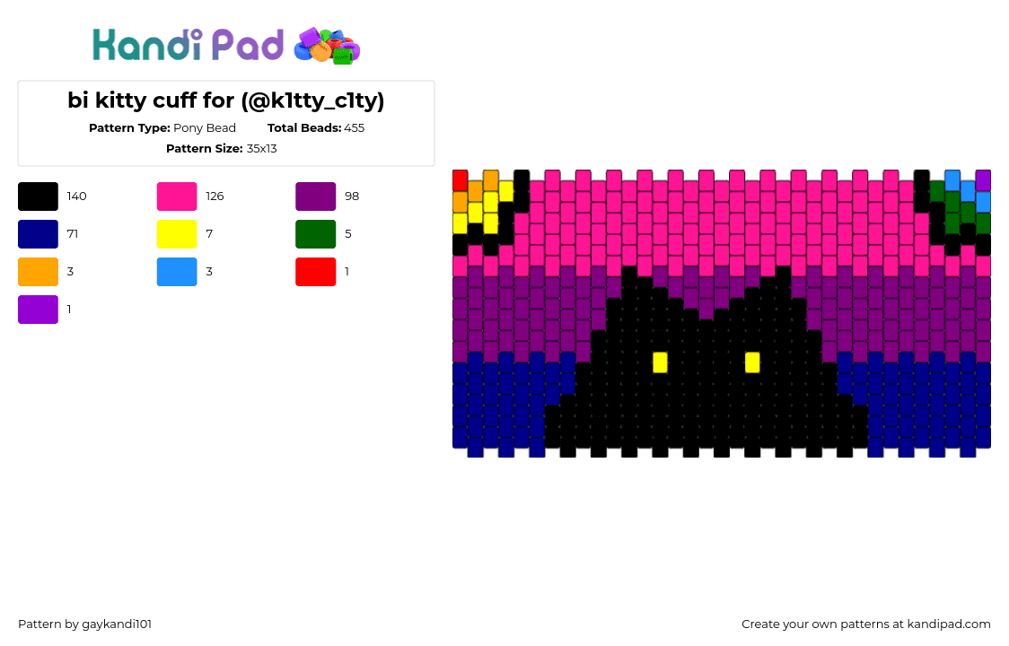 bi kitty cuff for (@k1tty_c1ty) - Pony Bead Pattern by gaykandi101 on Kandi Pad - bisexual,cat,pride,silhouette,cuff,pink,purple,blue,black