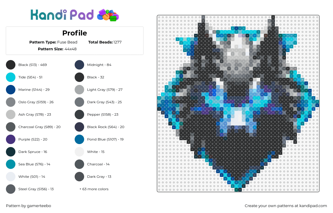 Profile - Fuse Bead Pattern by gamerteebo on Kandi Pad - wolf,animal,neon,blue,black,gray