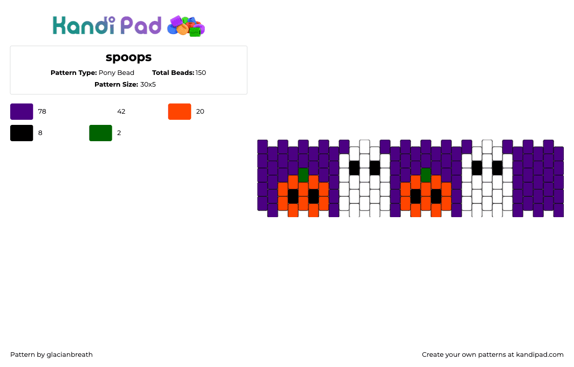 spoops - Pony Bead Pattern by glacianbreath on Kandi Pad - spooky,ghosts,pumpkins,cuff,festive,halloween,purple,white,orange