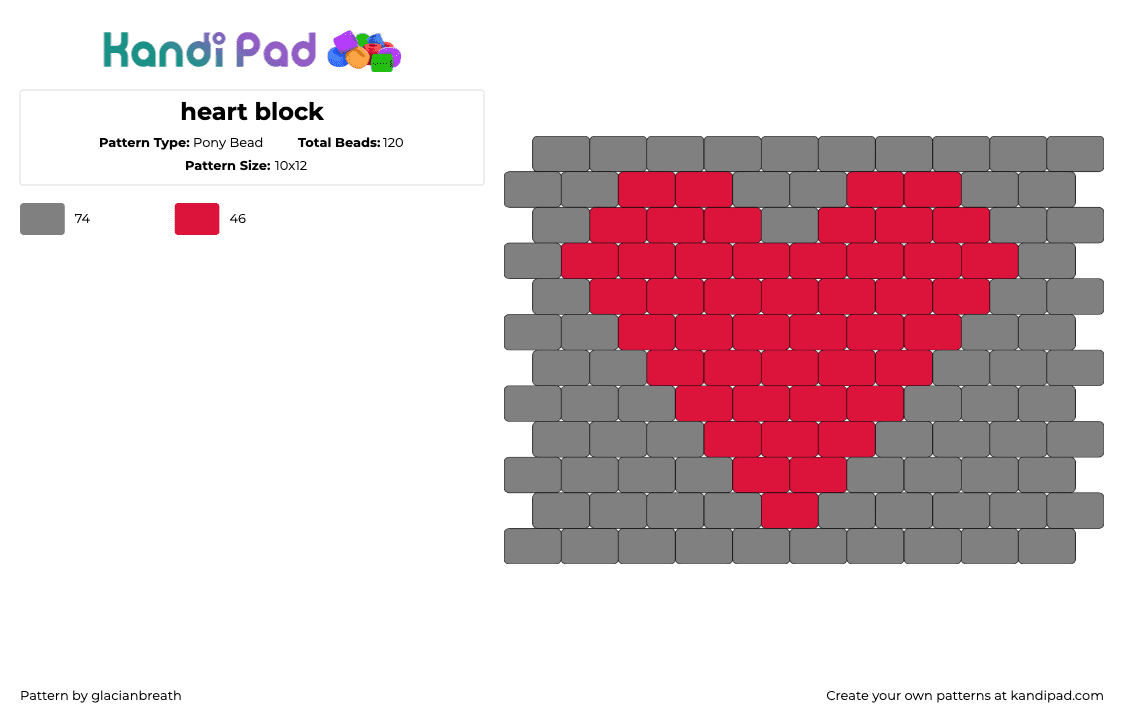 heart block - Pony Bead Pattern by glacianbreath on Kandi Pad - heart,love,panel,valentines,red,gray